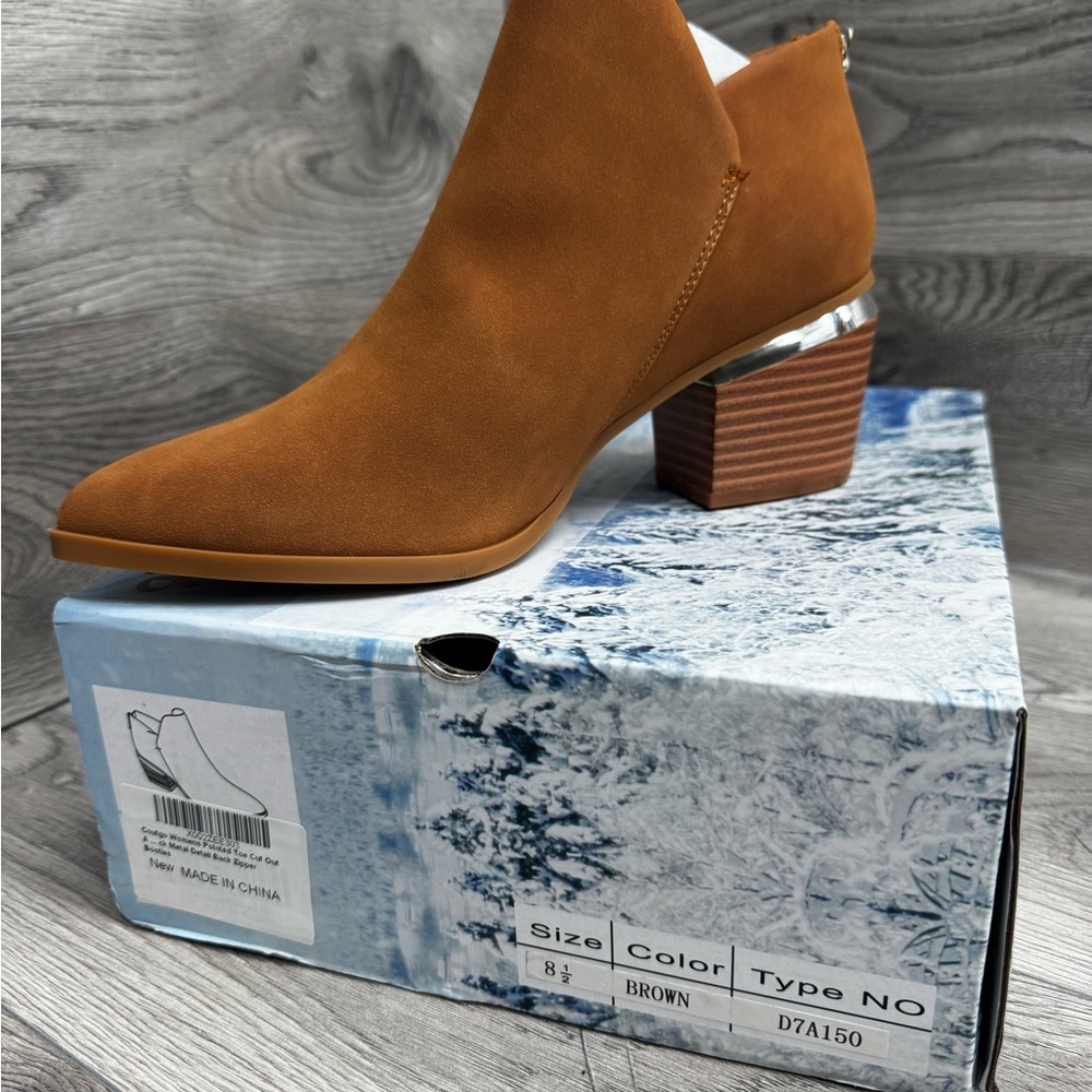 Coutgo Women’s Pointed Toe Brown Suede back zipper Chunky Heel Bootie Shoes 8.5